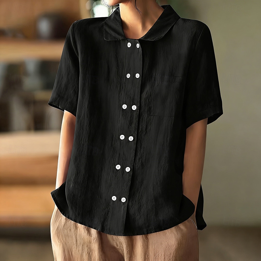 Per donna Camicie effetto lino Camicia di lino Camicia Estiva Camicia con Bottoni Bottoni Tinta unica Semplice Quotidiano Elegante Casual Manica Corta Collo ripiegato Top Regolari Ferie Uscire del 2026 a $27.99 –P6