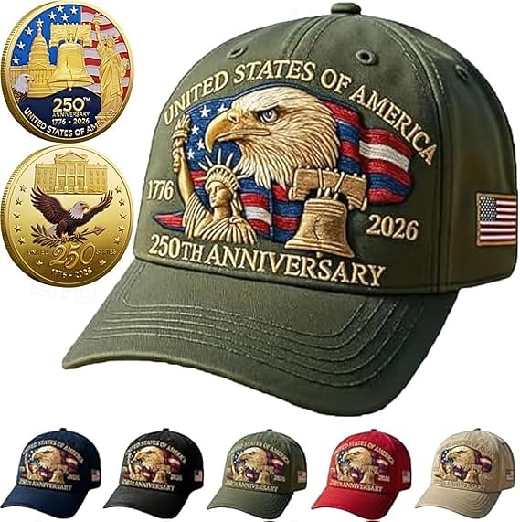 Klobouk k 250. výročí Spojených států s 2 kusy pamětních mincí digitálně potisknutý klobouk Hlava orla a svoboda 250. výročí americké oslavy 4. července vlastenecký dárek semikvincenální 2026 - $31.99 –P8