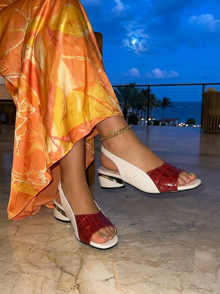 Sandalias de punta abierta con tira trasera para mujer, parte superior de piel de cocodrilo sintética y piel lisa, elegante tacón metálico, perfectas para vacaciones en complejos turísticos y salidas nocturnas. 2026 - $29.99 –P4