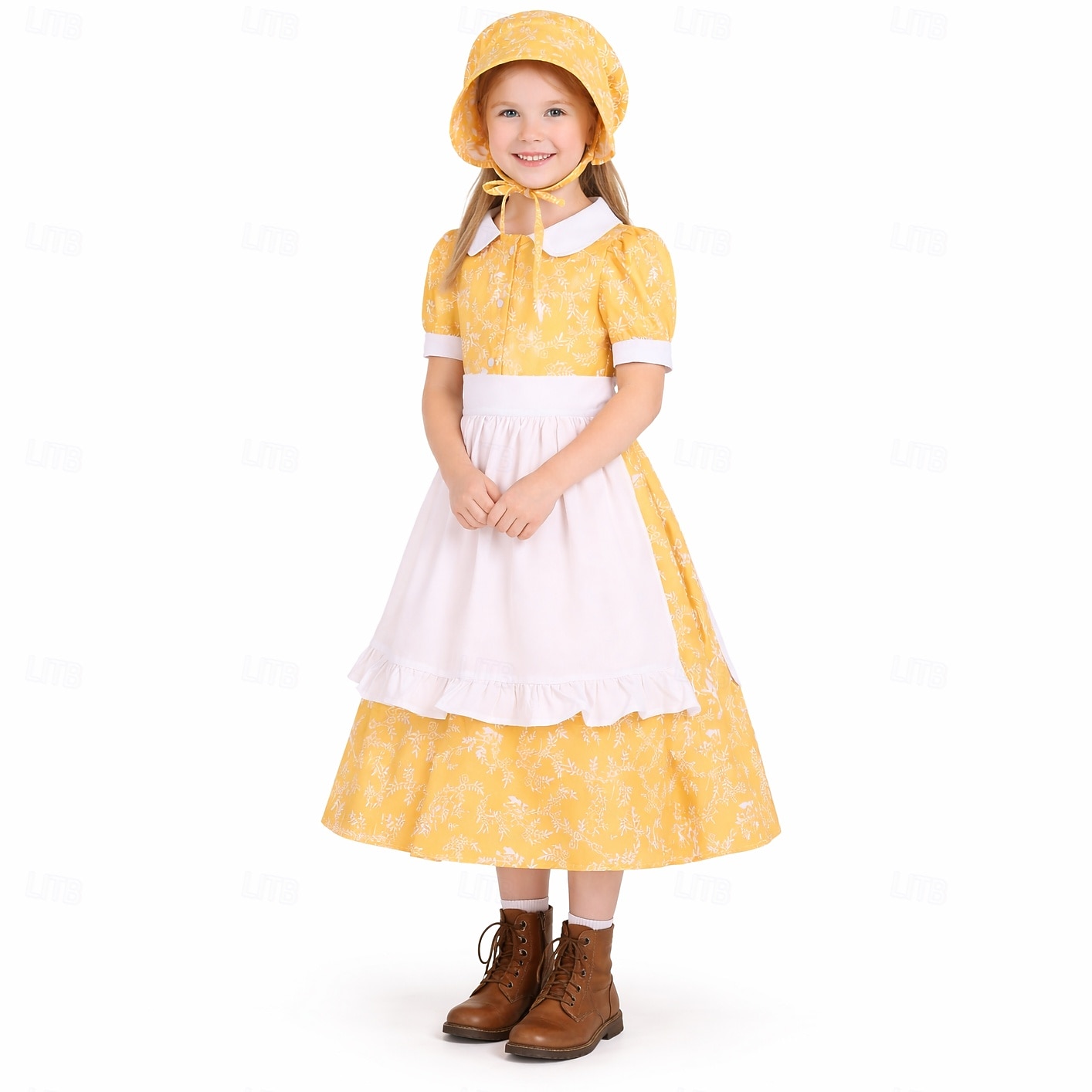250e jubileum VS 19e eeuw jaren 1800 Prairiejurk Bonnet en schortset Korte mouwen Pionier Meisje Koloniaal Pionier Onafhankelijkheidsoorlog Bloemig Kostuum Voor meisjes Halloween Carnaval 4 juli 2026 - $41.99 –P1