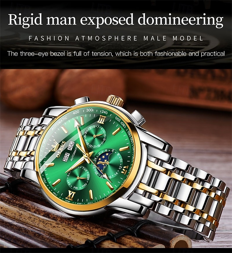 Montre homme Olevs neuve, élégante et fonctionnelle, avec affichage des phases de la lune, du calendrier, de l'heure sur 24 heures et du jour de la semaine. Montre mécanique automatique multifonctions de 2026 ? $121.99 –P11