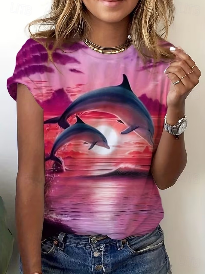 Mujer Camiseta Estampado Graphic Animal Vintage Elegante Clásico Manga Corta Cuello Barco Tops regulares Diario Fin de semana Azul Piscina Blanco Rosa Verano Primavera 2026 - $22.99 –P5