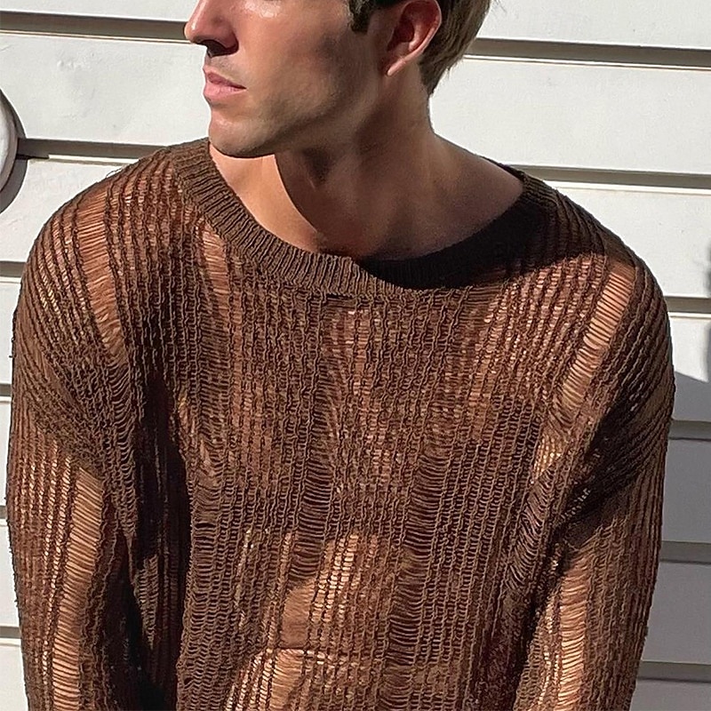 Men's Knit Tee Tee Top Long Sleeve Crew Neck Summer Solid Color Daily Casual Street Style Mesh Knitting Casual Outdoor Street Dark Brown Top Tee for Men 2026 - $26.99 –P3