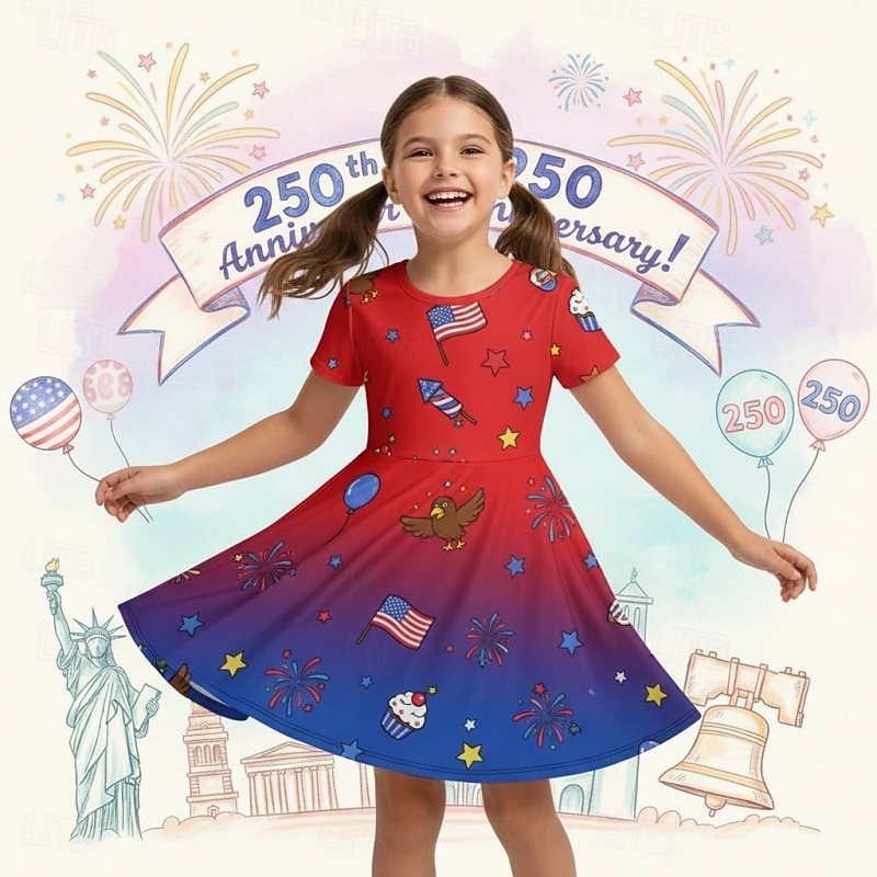 Mädchen' 3D Grafik Flagge Kleid Kurzarm 3D-Druck Sommer Frühling Täglich Urlaub Party Niedlich Basic Lässig Kinder 4-12 Jahre Freizeitkleid A Linie Kleid Knielang Normale Passform 2026 - $17.49 –P1