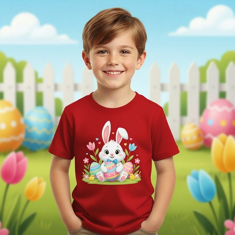 2026年 コットン１００％ イースター 子供 男の子 ブルー ブラック ホワイト グラフィック バニー Tシャツ ブラウス クルーネック 半袖 カジュアル 日常 アウトドア ファッション ストリートファッション デザイナー プリント 夏 春  コレクション – $19.99 –P2