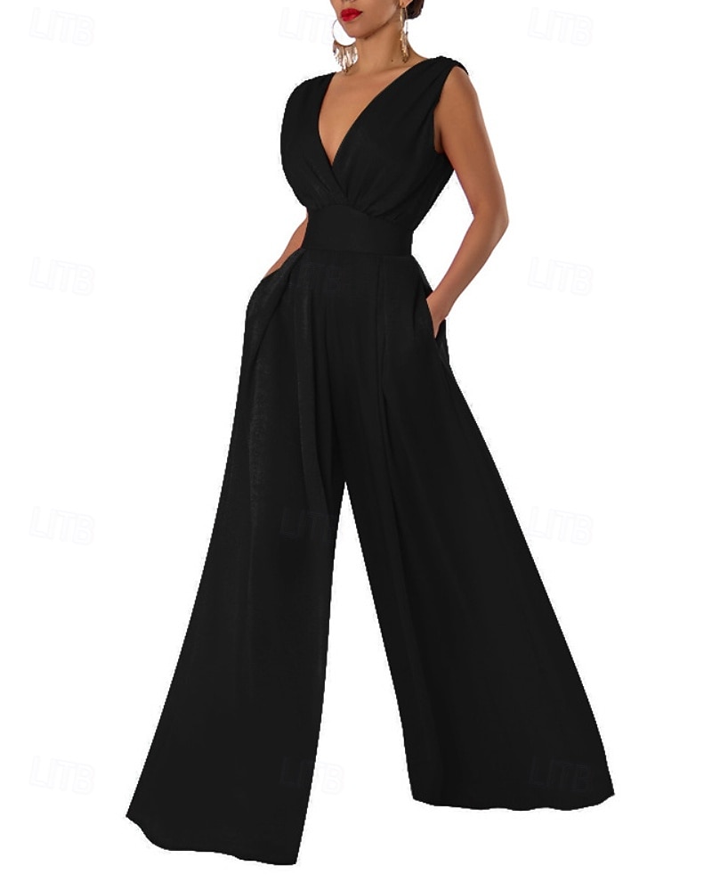 Per donna Normale Tuta Elegante Tinta unica Senza Maniche Gamba larga Scollo a V Pieghettato Vacanza Ferie Vestibilità regolare Nero Verde militare Rosso Estate del 2026 a $33.99 –P1