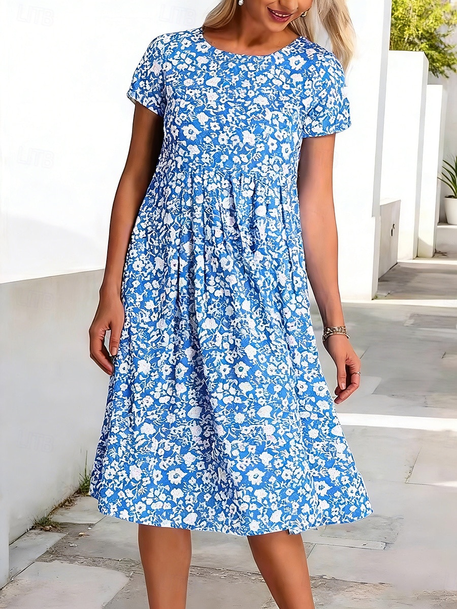 Per donna Abito Midi Abito Floreale Abito Stampato Moda Moderno All'aperto Vacanza Weekend Vestibilità comoda Floreale Manica Corta Girocollo Blu Rosso Viola Verde Estate Primavera del 2026 a $22.99 –P4