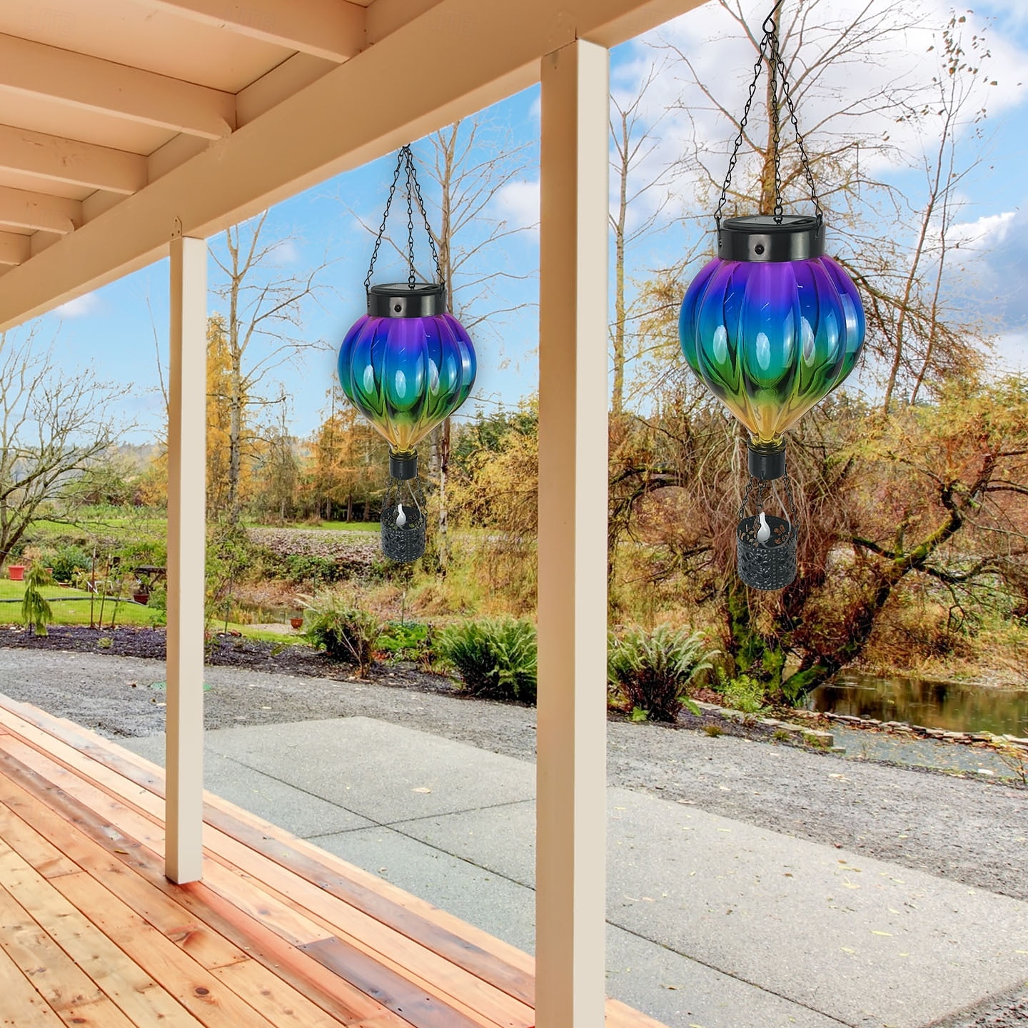 1 linterna de globo aerostático de metal de vidrio colorido impermeable y solar para exteriores, luz de llama simulada LED, decoración de árboles de granja y jardín, iluminación de paisaje, luz 2026 - $30.99 –P3
