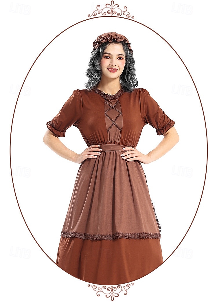 250º Aniversario de EE. UU. Siglo 19 década de 1800 Vestido de la pradera Conjunto de gorro y delantal Mangas cortas Chica pionera Colonial Pionero Guerra Revolucionaria Disfraz Mujer Víspera de 2026 - $40.99 –P7