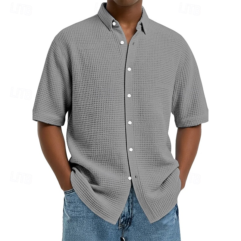 Homens Camisa Social Camisa Waffle Textura Camisa casual camisa de botão Vinho Azul Marinha Manga Curta Tecido Lapela Diário Streetwear Roupa Moda Moderno Casual Confortável de 2026 por $22.99 –P5