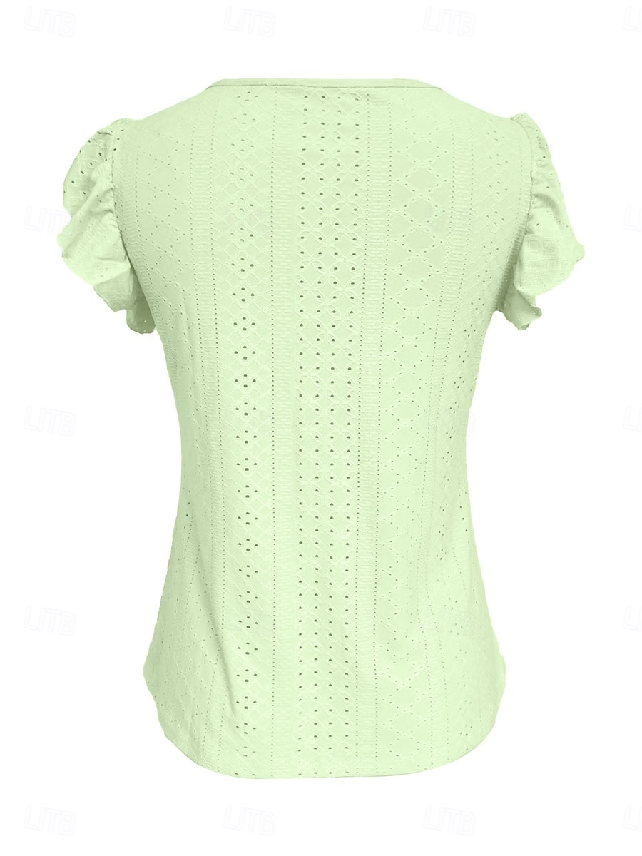 Mulheres Camiseta T-shirt Frufru Ilhó Botões Tecido Moda à moda Clássico Manga Curta Decote V Tops regulares Diário Para Noite Final de semana Branco Amarelo Rosa Azul Céu Verde Verão Primavera de 2026 por $21.99 –P14