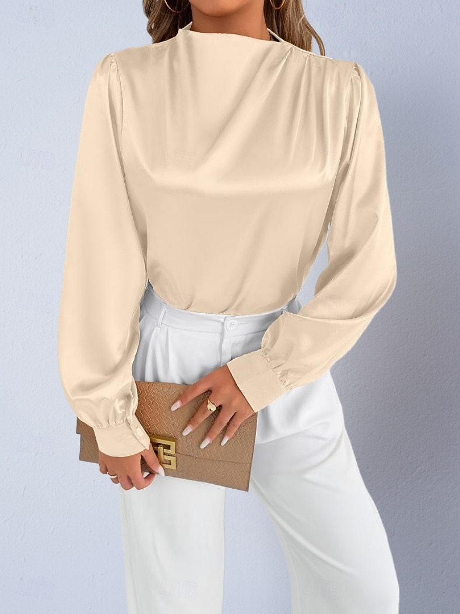 Dames Overhemd Satijnen overhemd Normaal shirt Met ruches Effen Stijlvol Basic Klassiek Lange mouw Hoge nek Normale tops Dagelijks Feestdagen Uitgaan Zwart Wit Wijn Rood Lente Herfst 2026 - $22.99 –P18