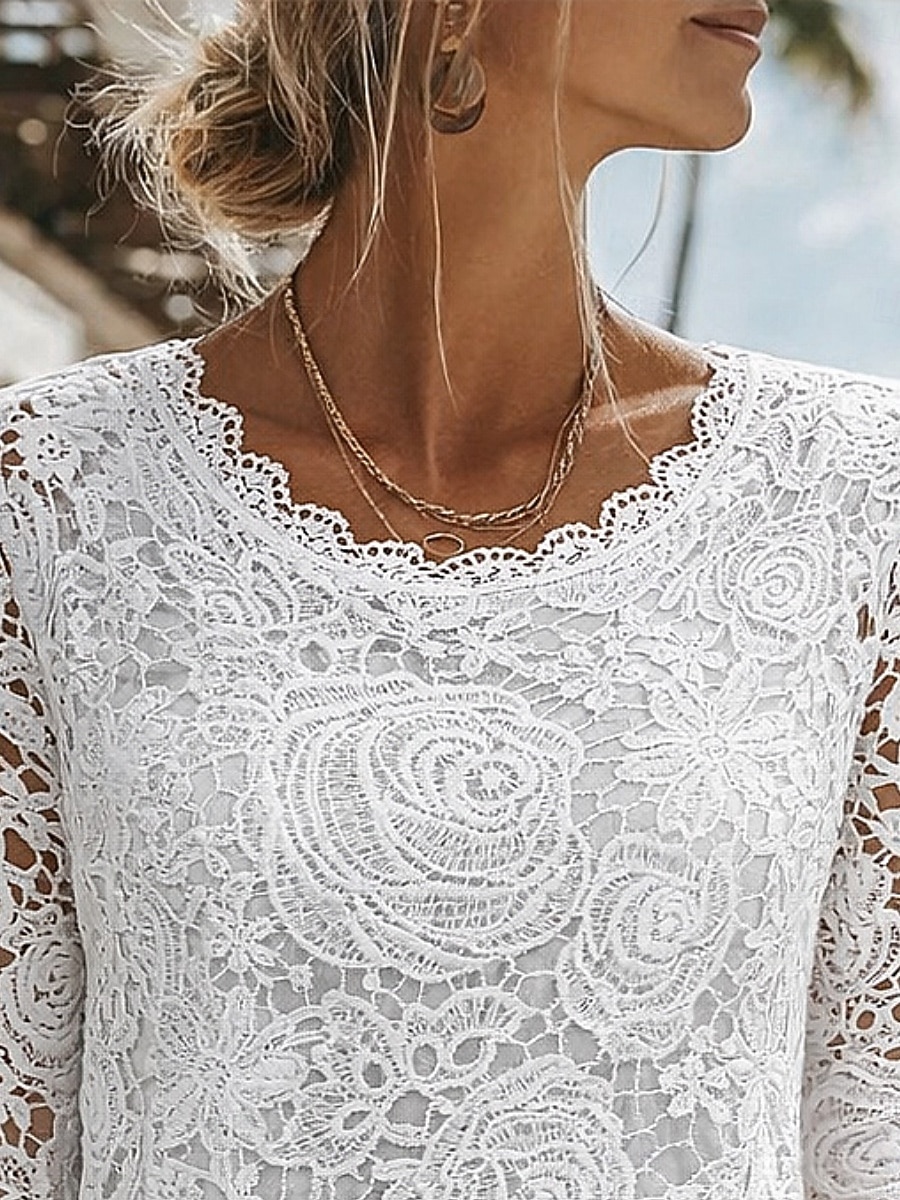 Women's Blouse Lace Solid Color Elegant Stylish Casual Long Sleeve Crew Neck Regular Tops Daily White Summer Spring Fall 2026 - $36.99 –P2