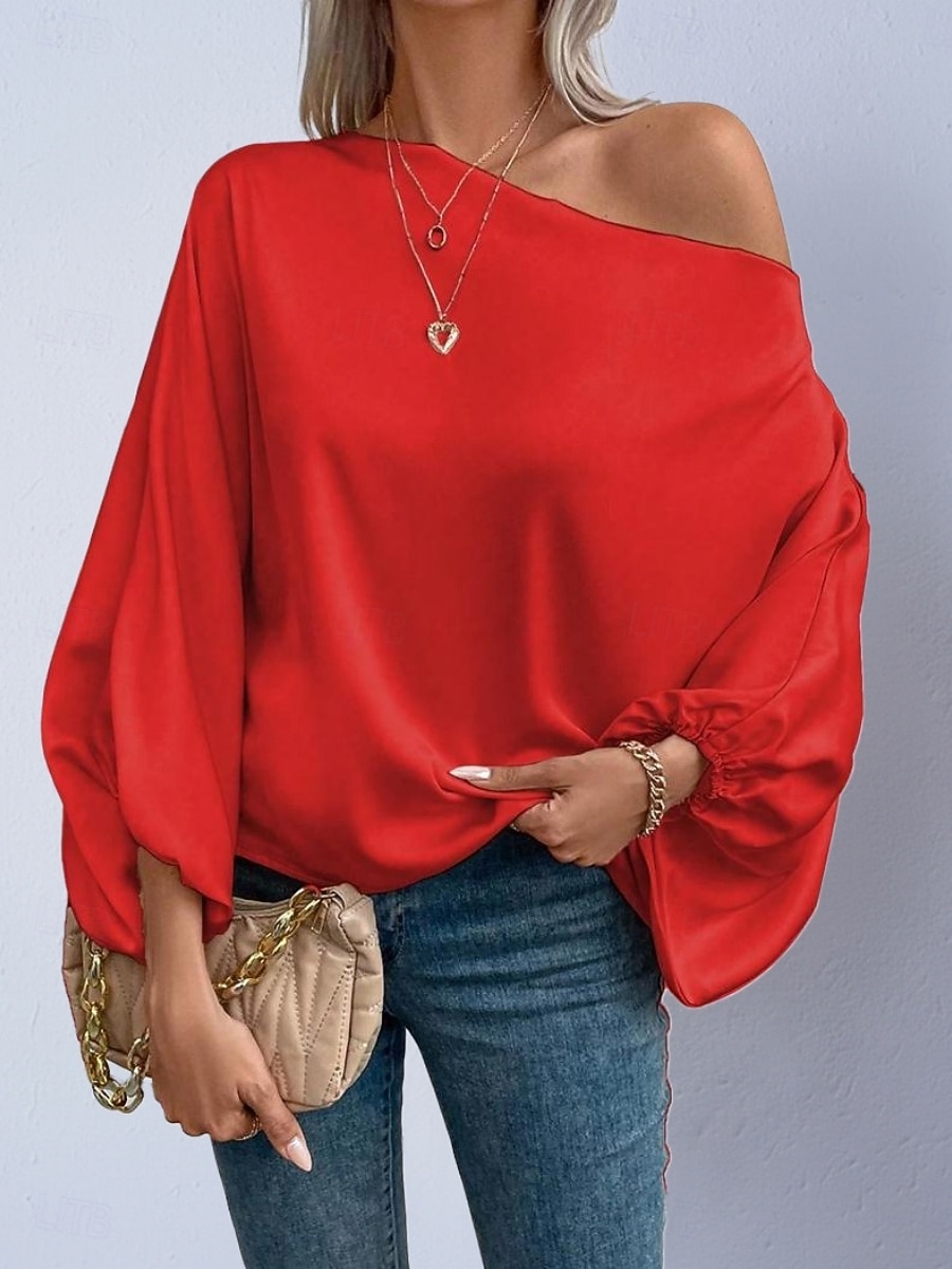 Dames Overhemd Satijnen overhemd Blouse Tops met blote schouders Effen Stijlvol Klassiek Modern Lange mouw Schouderafhangend Normale tops Dagelijks Feestdagen Uitgaan blauw Zwart Blozend Roze Rood 2026 - $27.99 –P11