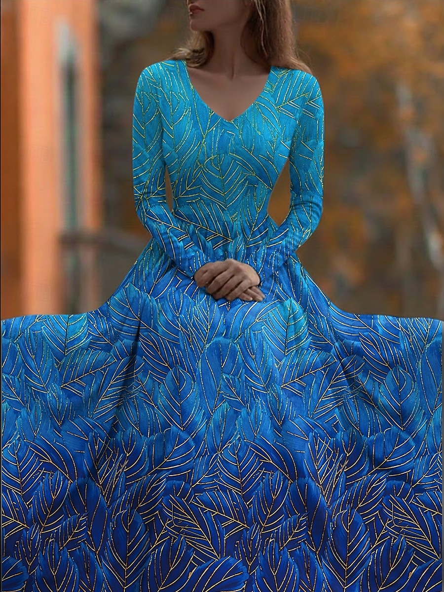 Per donna Abito maxi Abito Pieghettato Festa Casual Boho Quotidiano Data Uscire Vestibilità regolare Floreale Manica Lunga Scollo a V Blu Verde Estate Primavera del 2026 a $41.99 –P1