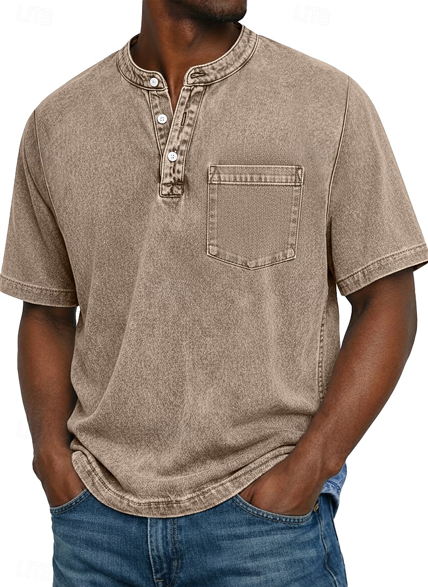Herre Henly-skjorte 100% bomullssyre-vaskeskjorte T-skjorte T-skjorte Kortermet Ensfarget Retro / vintage Fritid Lomme Gammeldags stil Vasket Henley Avslappet Sommer Vår Høst Svart Rosa Lysegrønn 2026 - $31.99 –P8
