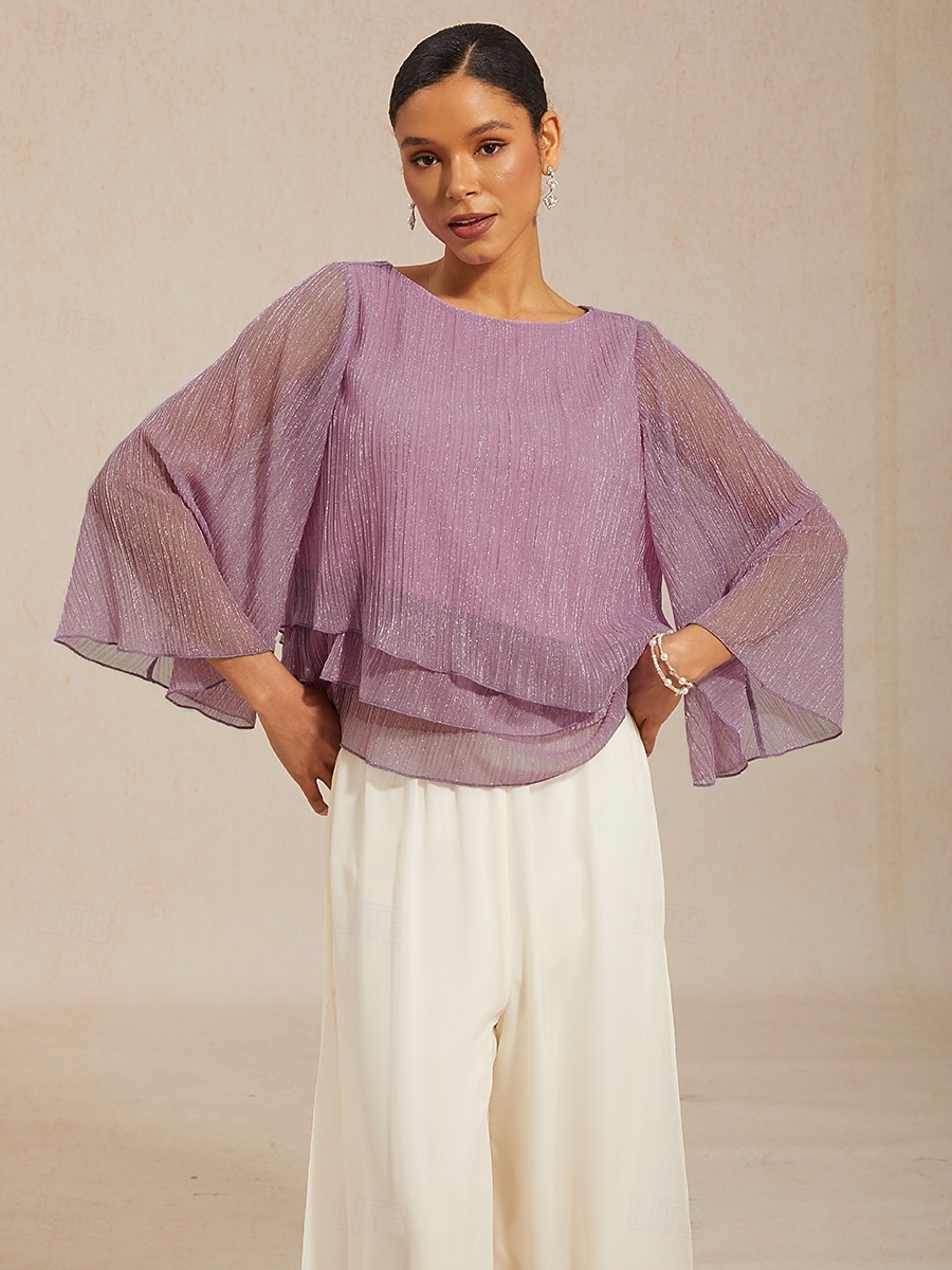 Women's Blouse Chiffon Tops Pleated Layered Metallic Elegant 3/4 Length Sleeve Bell Sleeve Crew Neck Daily Wedding Guest Light Purple Summer Spring Fall 2026 - $59.99 –P1