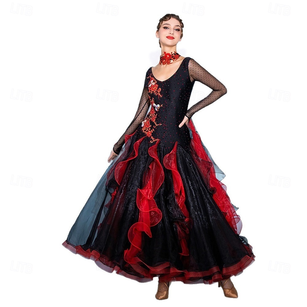 abito da ballo da sala da donna in organza arricciata con ricami a fiamma rossa nera, tango foxtrot paso doble, abito da competizione del 2026 a $241.99 –P5