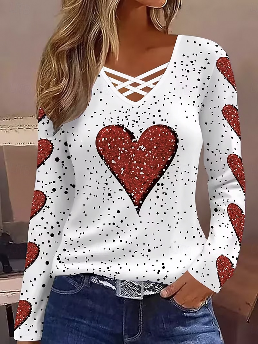 Valentinstag Damen T Shirt Ausschnitt Druck Herz Grafik Vintage Stilvoll Klassisch Langarm V Ausschnitt Normale Oberteile Täglich Weiß Frühling Herbst 2026 - $24.99 –P1