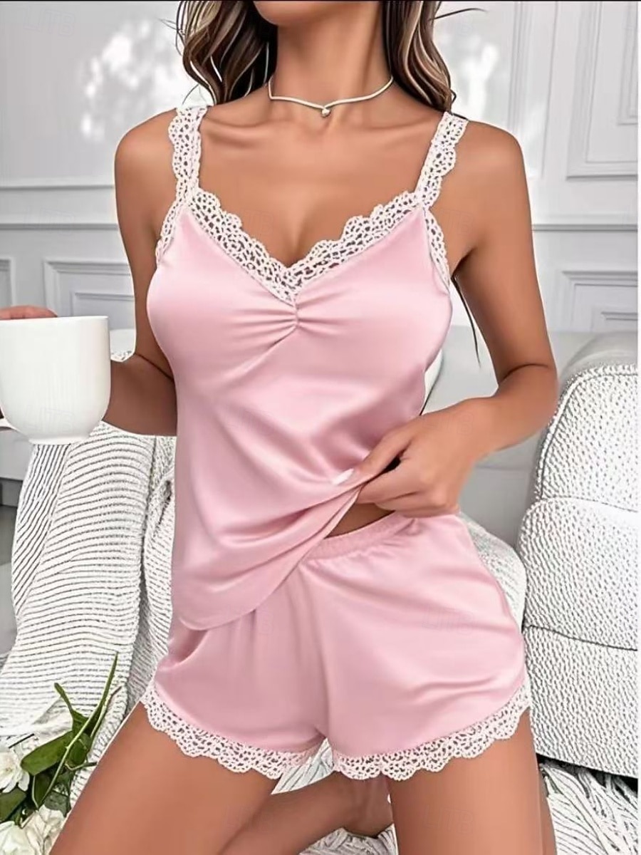 Dam Nattlinne Pyjamas set Ledigt Komfort Ren färg Spets Lappverk Elastisk midja Shorts Dagligen Hem Ärmlös remmar Svart Rodnande Rosa Rubinrött Sommar Vår Smal 2026 - $14.99 –P4