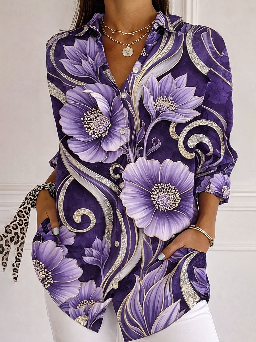 בגדי ריקוד נשים חולצה כפתורים דפוס Ombre פרחוני גראפי אלגנטית וינטאג' מסוגנן שרוול ארוך צווארון חולצה חולצות רגילות יומי עבודה פול שחור סגול כתום אביב סתיו חורף 2026 - $41.99 –P2