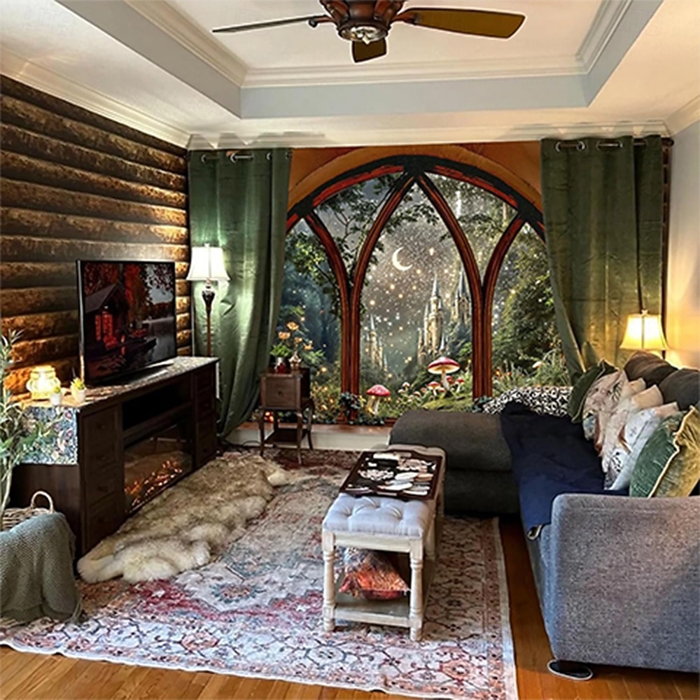 3D-bibliotekteppe veggteppe vintage bokhyllemønster stor stoffveggkunst buet vindu skogutsikt romdekor til stue/studie 2026 - $19.99 –P6