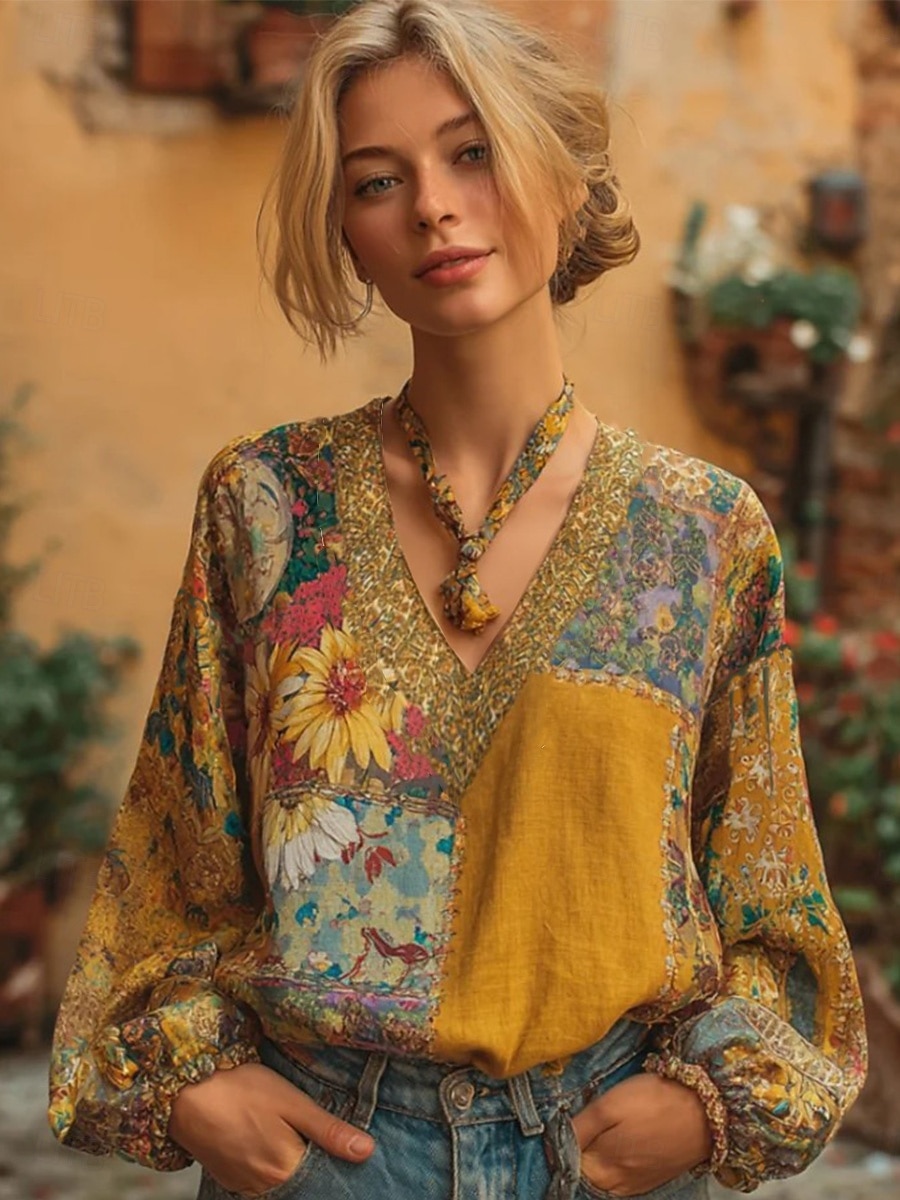Bluzka damska Boho przypominająca len oddychająca lekka kwiatowy nadruk vintage stylowa długi rękaw V-neck regularne topy żółta różowa granatowa lato wiosna 2026 - $11.19 –P1
