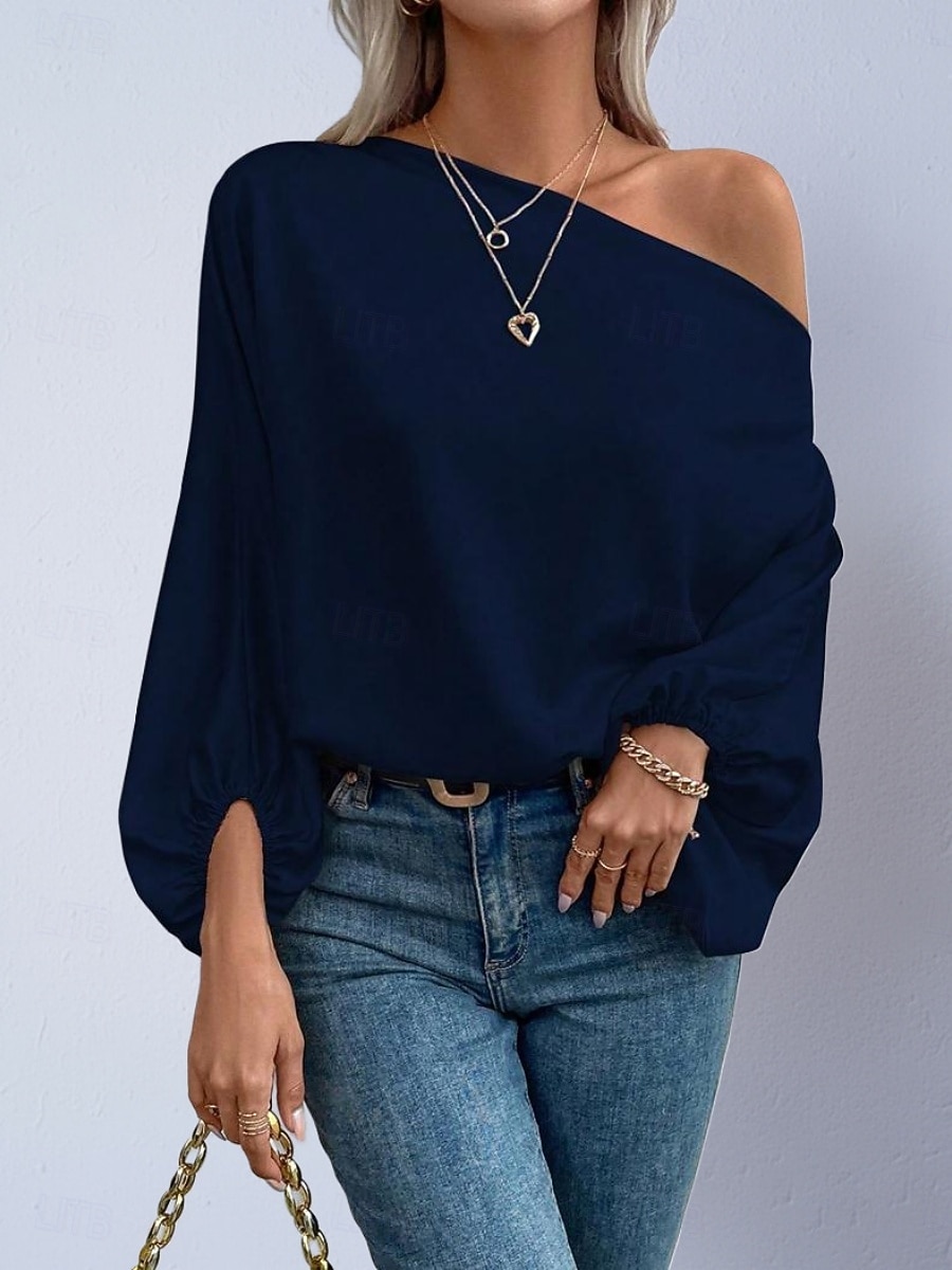 Dames Overhemd Satijnen overhemd Blouse Tops met blote schouders Effen Stijlvol Klassiek Modern Lange mouw Schouderafhangend Normale tops Dagelijks Feestdagen Uitgaan blauw Zwart Blozend Roze Rood 2026 - $27.99 –P17