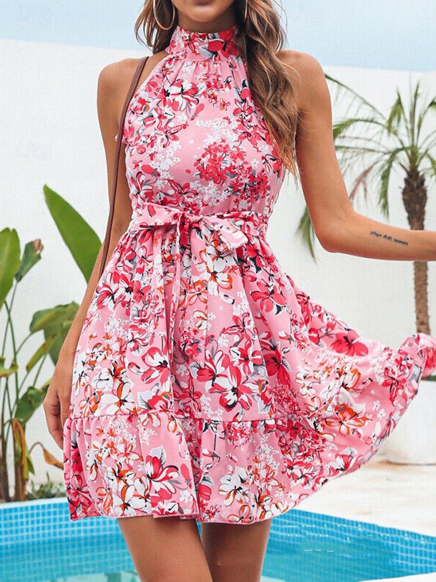 Dam Mini klänning A linjeklänning Blommig klänning Halter Neck Klänning Elegant Mode Modern Utomhus Semester Utekväll Normal Blommig Ärmlös Halterneck Blå Gul Rodnande Rosa Sommar Vår 2026 - $21.99 –P5