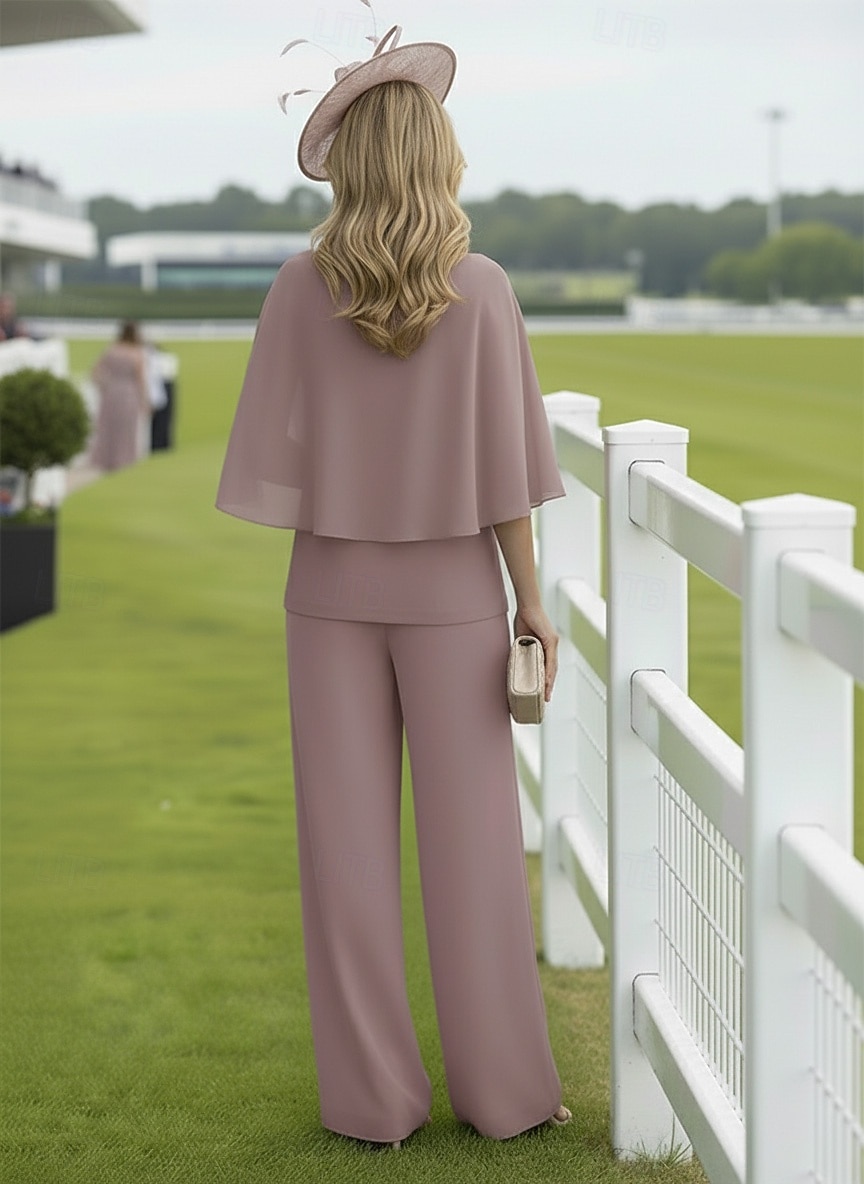 Dwuczęściowa Kombinezon Sięgająca podłoża Sukienka dla matki panny młodej Rękaw 1/2 Łódeczka Elegancja Prosty Ozdobny Formalny Gość weselny Szyfon z Z marszczeniami Ozdoby z pereł Koraliki 2026 - $148.99 –P2