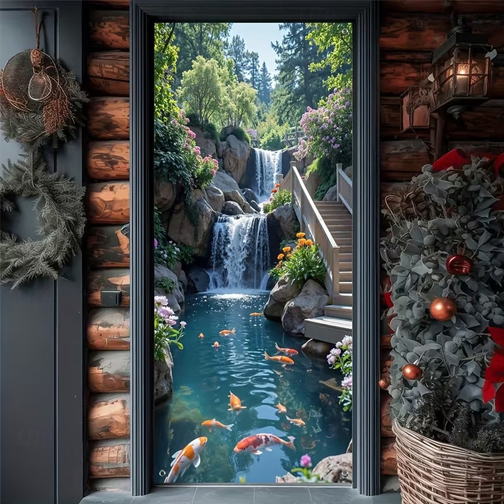 Tenda da ingresso con vista realistica della natura, da appendere alla parete per l'ingresso del portico, con banner per porta da giardino giapponese in 3D, scena con cascata e laghetto koi. del 2026 a $17.99 –P1