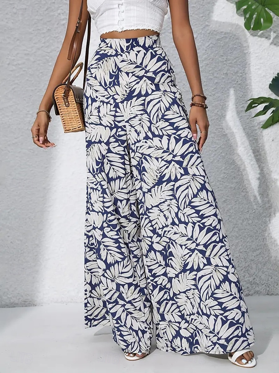 Damen Weite Hosenbeine Chinos Palazzo-Hose Urlaub Streetwear Basic Volle Länge Mittlere Taillenlinie Blumen Tropisch Elastischer Bund Drucken Bequem Unelastisch Täglich Outdoor Straße Blau Marineblau 2026 - $22.99 –P4