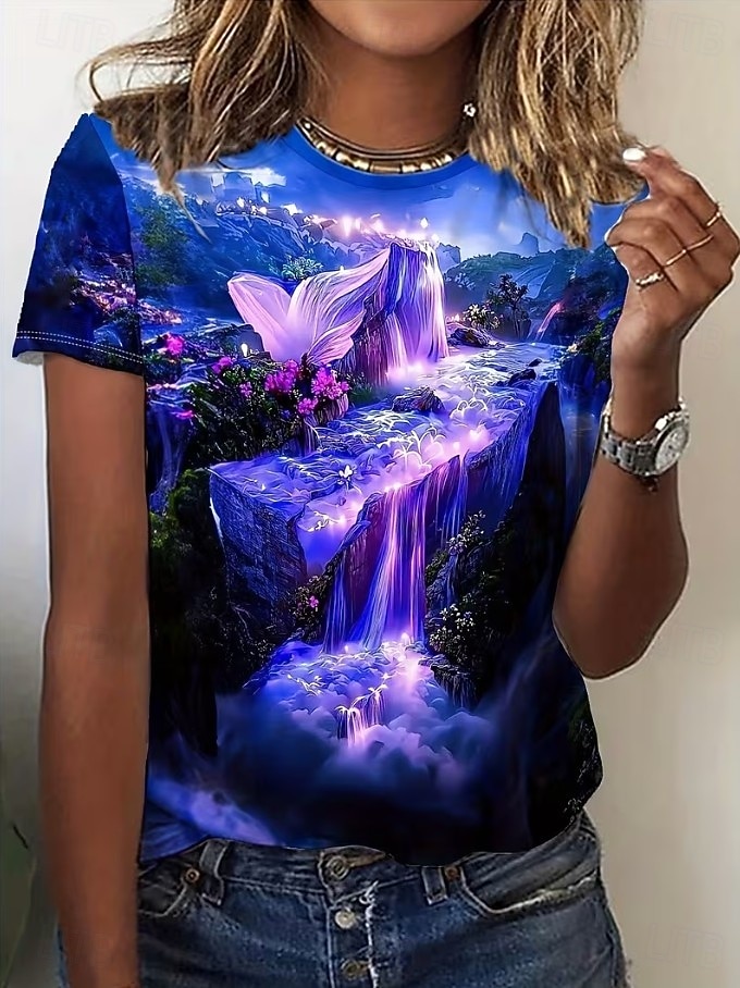 Dames T-shirt Afdrukken Grafisch Vintage Stijlvol Klassiek Korte mouw Strakke ronde hals Normale tops Dagelijks Weekend Donkergroen Paars Fuchsia Zomer Lente 2026 - $22.99 –P2