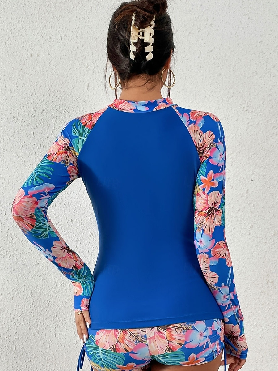 Dámské Plavky Tankini 2 ks Kraťasy Plavky Zaštíhlující Vysoký pas Štíhlý prázdniny Oblečení na pláž Květinový Stojáček Dlouhý rukáv Plavky 2026 - $36.99 –P18