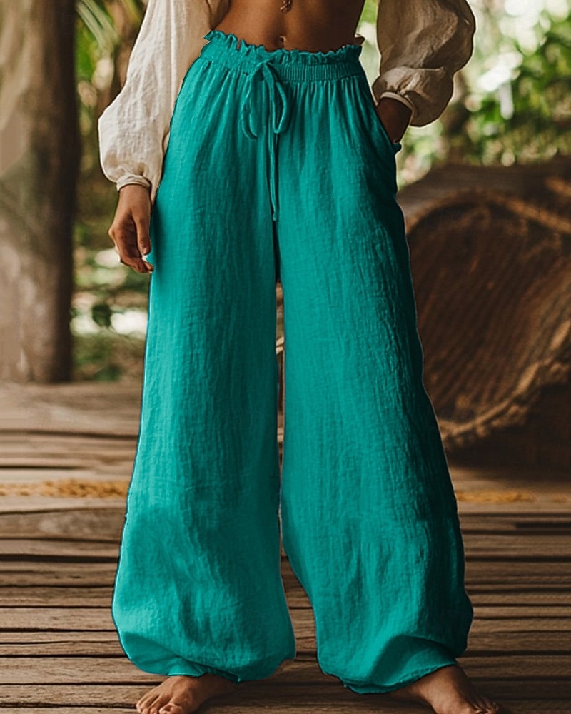 Mujer Pantalones de lino y algodón Perneras anchas Pantalones Pantalones anchos Vacaciones Moda Básico Longitud total Cintura Media Plano Bolsillo Cintura elástica Comodidad Secado rápido Suave Rígido 2026 - ₪77 –P4