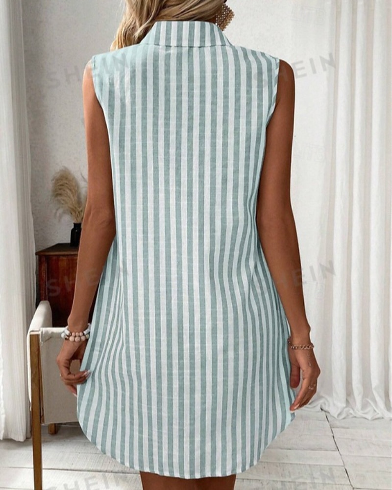 Per donna Mini Abito Abito Camicia Moda Moderno Vacanza Uscire Weekend Vestibilità comoda A righe Senza Maniche Colletto a Camicia Blu Nero Vino Verde Estate Primavera del 2026 a $21.99 –P8