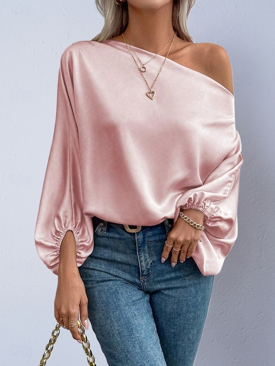 Dames Overhemd Satijnen overhemd Blouse Tops met blote schouders Effen Stijlvol Klassiek Modern Lange mouw Schouderafhangend Normale tops Dagelijks Feestdagen Uitgaan blauw Zwart Blozend Roze Rood 2026 - $27.99 –P1