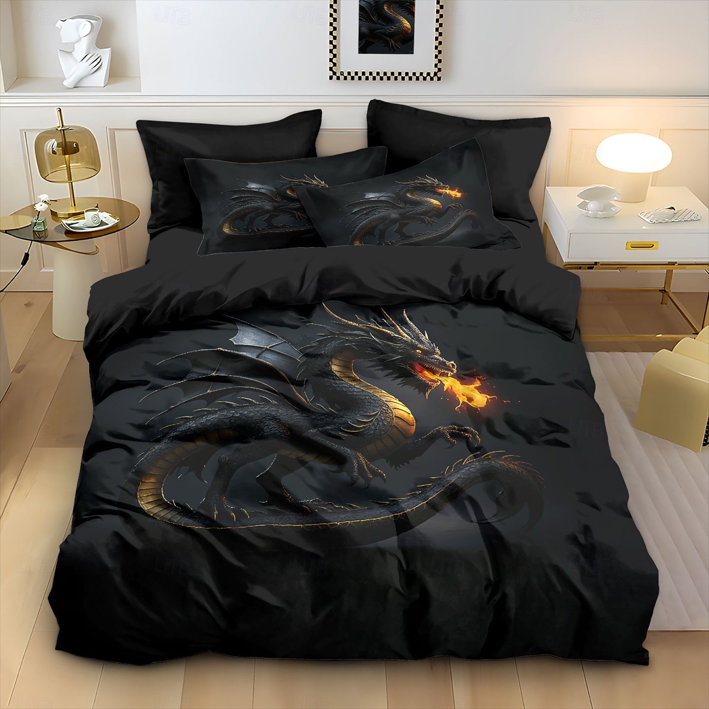 Set copripiumino con stampa di drago nero Spitfire, set di biancheria da letto in stile hotel con 1 copripiumino e 2 federe, morbido tessuto felpato corto, piumone non incluso. del 2026 a $44.99 –P1