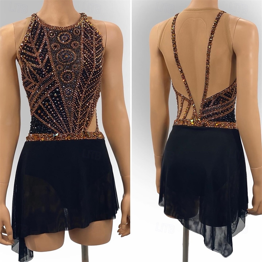 Rochie de Patinaj Artistic Pentru femei Πατινάζ στο πάγο Rochii Jachetă Negru+Auriu Peteci Deschide Înapoi Înaltă Elasticitate Antrenament Competiție Ținută Patinaj Clasic Cristale / Strasuri Făr 2026 - $351.09 –P1