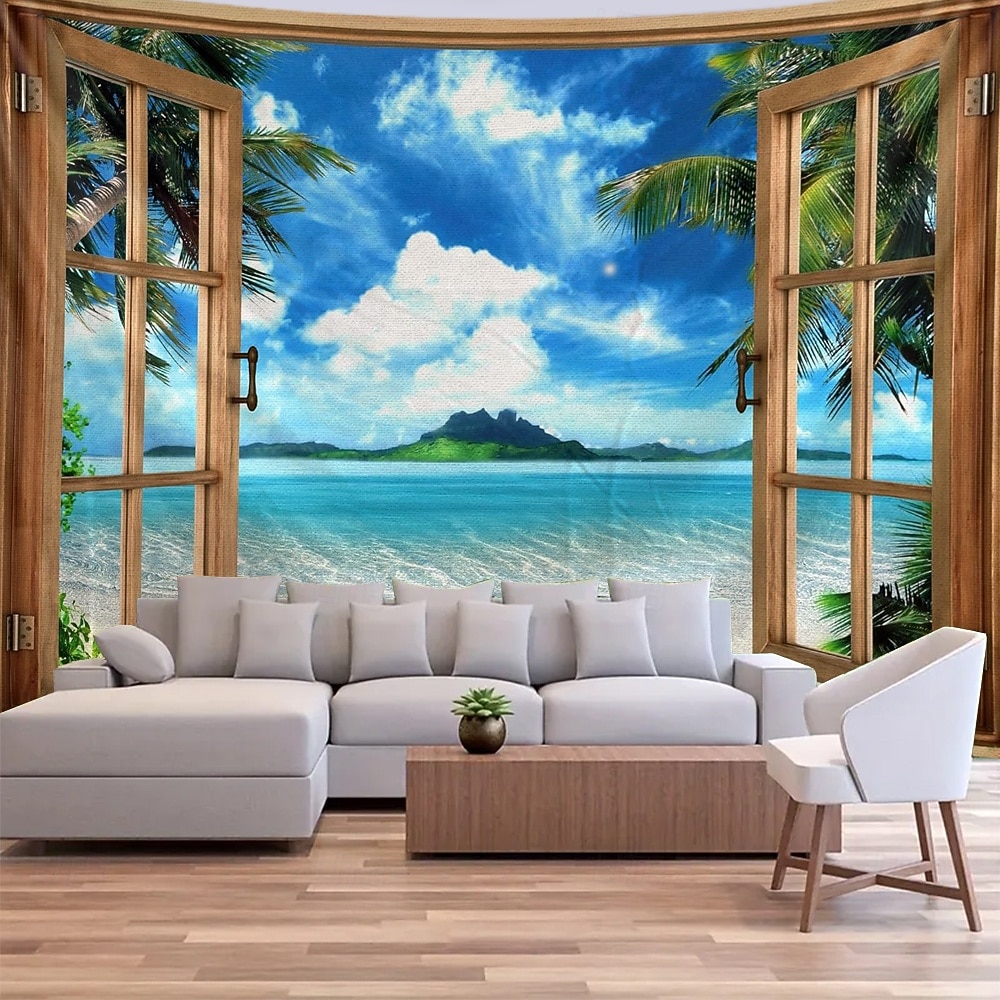 tropická pláž výhled z okna gobelín nástěnná dekorace 3D příroda krajina palmy oceán ostrov léto domácí dekorace velké látkové pozadí 2026 - $19.99 –P1