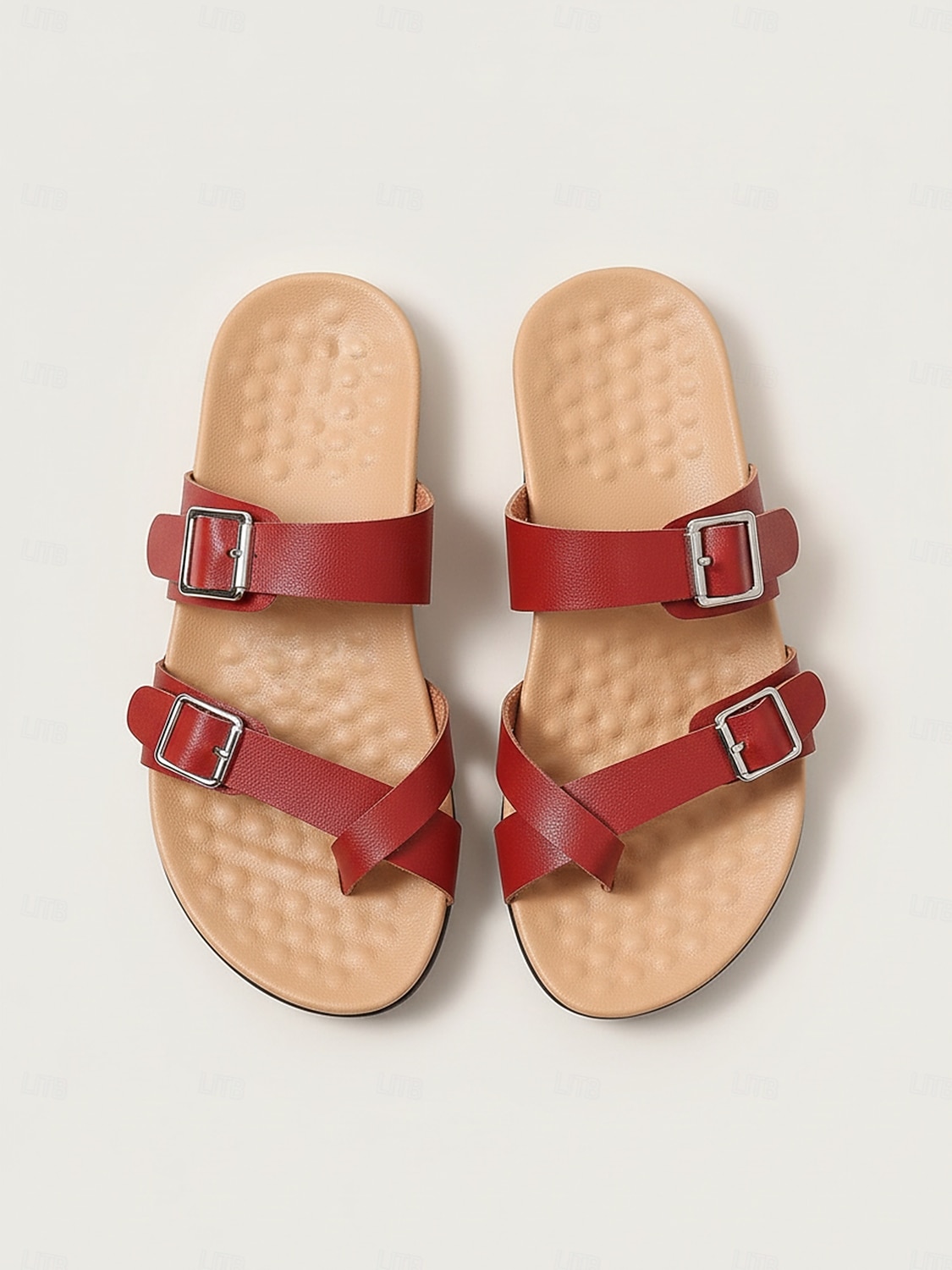 Rote Damen-Komfortsandalen mit Doppelschnalle – gepolstertes Fußbett, verstellbare Riemen, stützende flache Schuhe zum Gehen, Reisen, für Outdoor-Aktivitäten und den Alltag 2026 - $34.99 –P1
