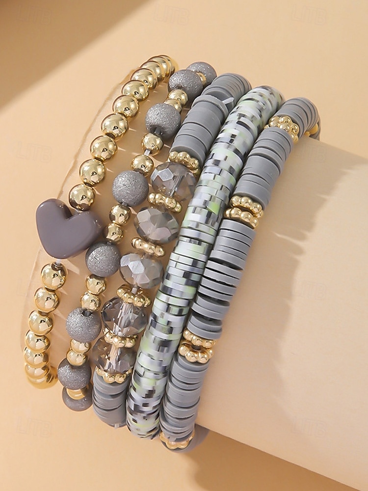 2026年 女性用ボヘミアンアクリルビーズブレスレットセット、ハートチャーム付きマルチカラーストレッチバングル、バレンタインデーのギフトや普段使いに最適な軽量重ね付け可能なブレスレット  コレクション – $7.99 –P11