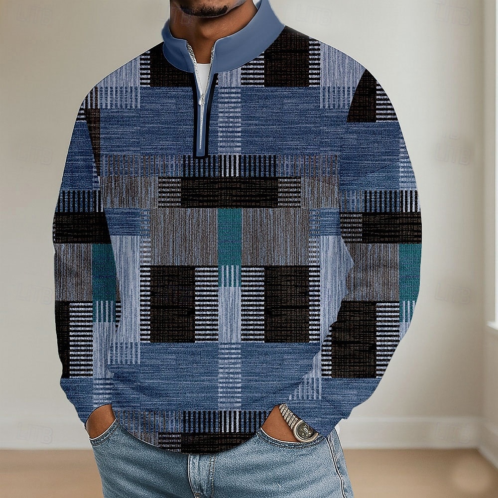 Per uomo Blocco di colori Geometrico Polo Manica Lunga Colletto Mao Athleisure Vacanza Athleisure Casual Quotidiano Stampa 3D Primavera Autunno Blu Viola Marrone del 2026 a $22.99 –P4