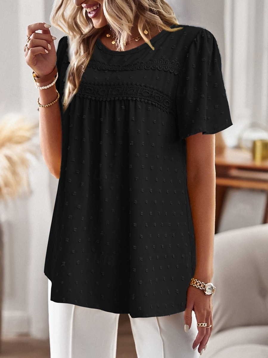Women's Summer Shirt Casual Shirt Blouse Lace Trim Solid Color Vacation Stylish Casual Short Sleeve Crew Neck Regular Tops Daily Beach Holiday Blue Black White Pink Red Summer Spring 2026 - $32.99 –P17