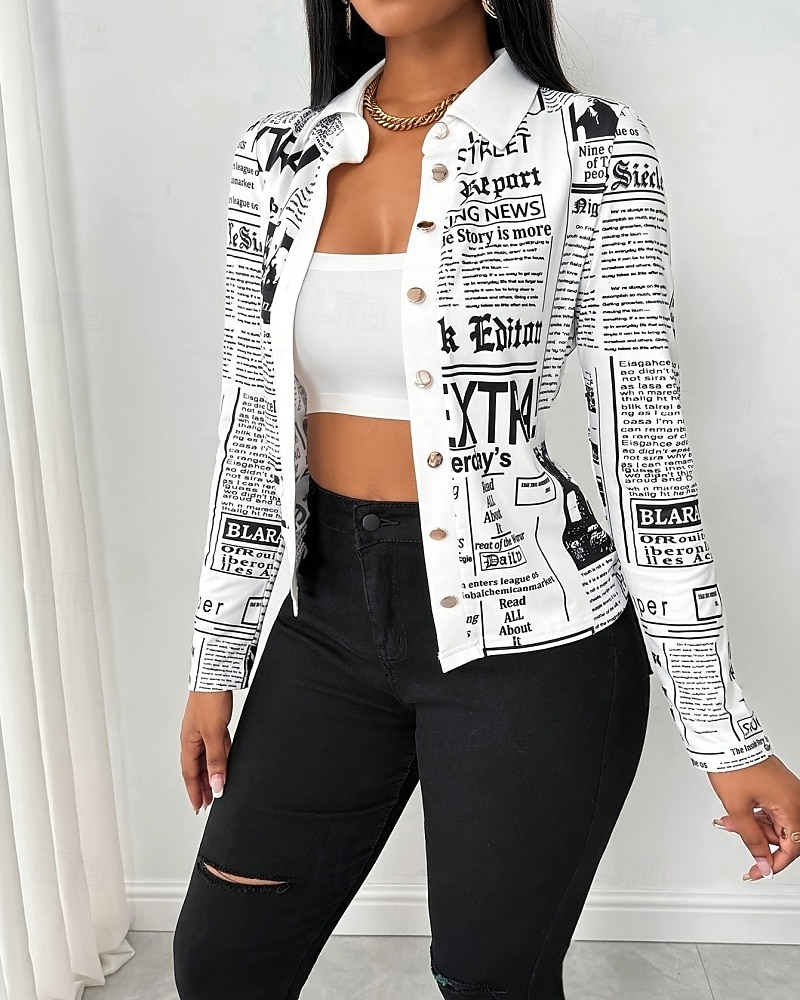 Women's Shirt Blouse Buttons Letter Stylish Modern Casual Long Sleeve Shirt Collar Regular Tops Daily Holiday Going out White Summer Spring 2026 - $32.99 –P5