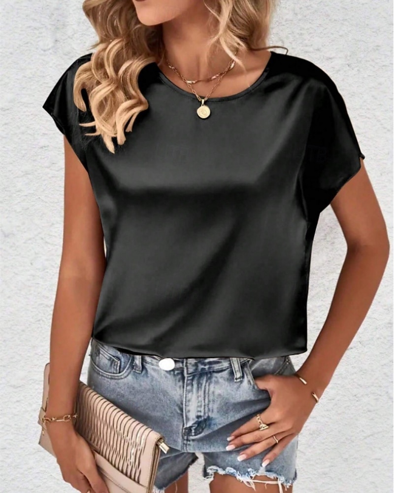 Per donna Elegant Top in raso Camicia in raso Top estivi Tinta unica Semplice Vintage Elegante Classico Manica Corta Girocollo Top Regolari Quotidiano Ferie Uscire Nero Rosa Cammello Verde Estate del 2026 a $7.49 –P12