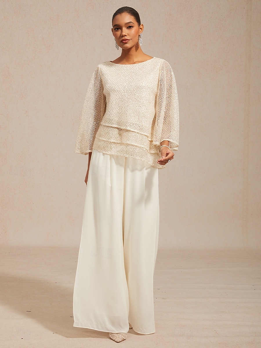 Women's Blouse Lace Tops Sequins Illusion Solid Color Elegant 3/4 Length Sleeve Bell Sleeve Crew Neck Daily Wedding Guest Vacation Wear Beige Summer Spring Fall 2026 - E£4427.73 –P9