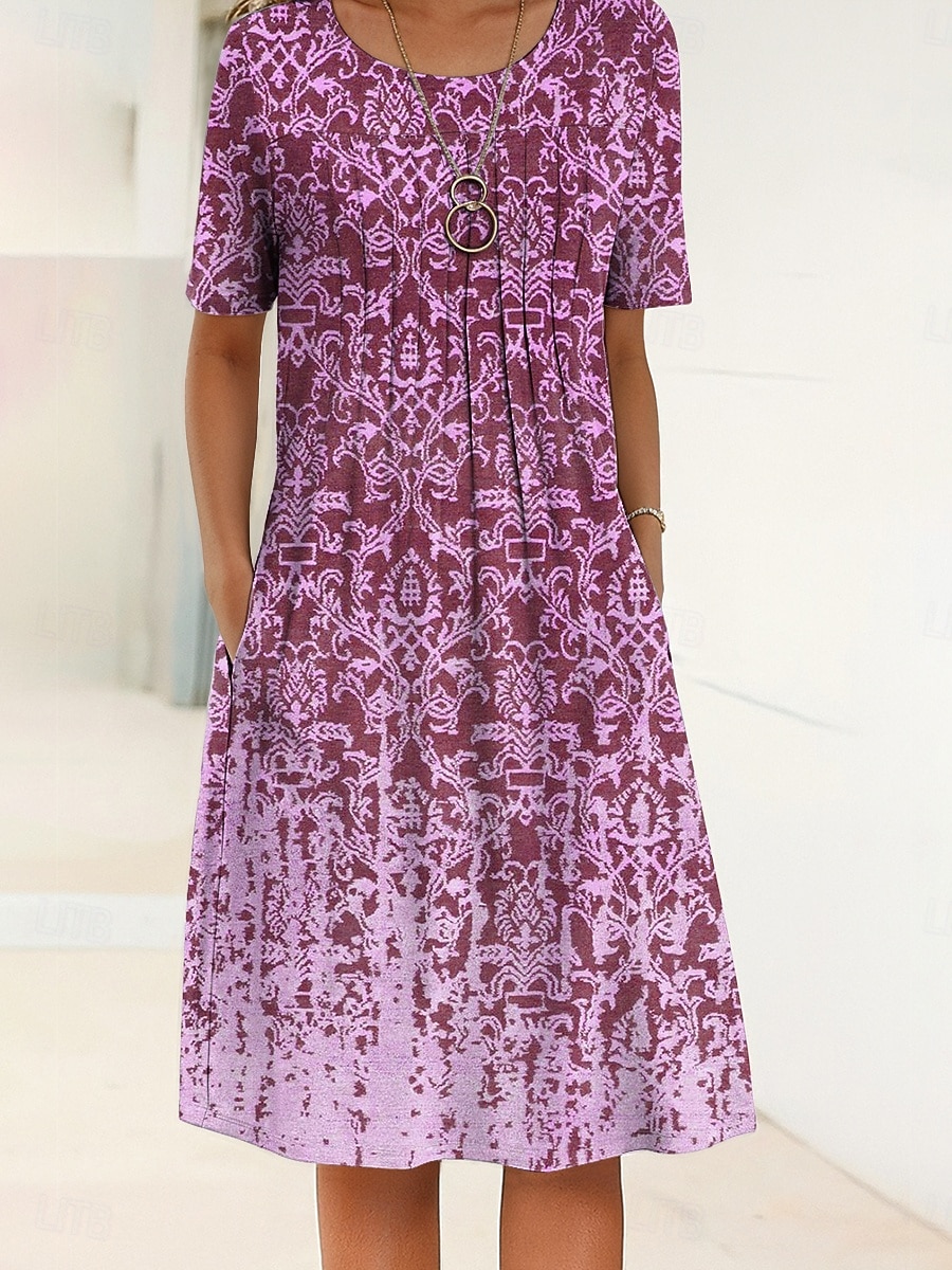 Damen Midikleid Shiftkleid Urlaub Lässig Täglich Normale Passform Grafik Geometrisch Kurzarm Rundhalsausschnitt Blau Purpur Grün Sommer Frühling 2026 - $34.99 –P3