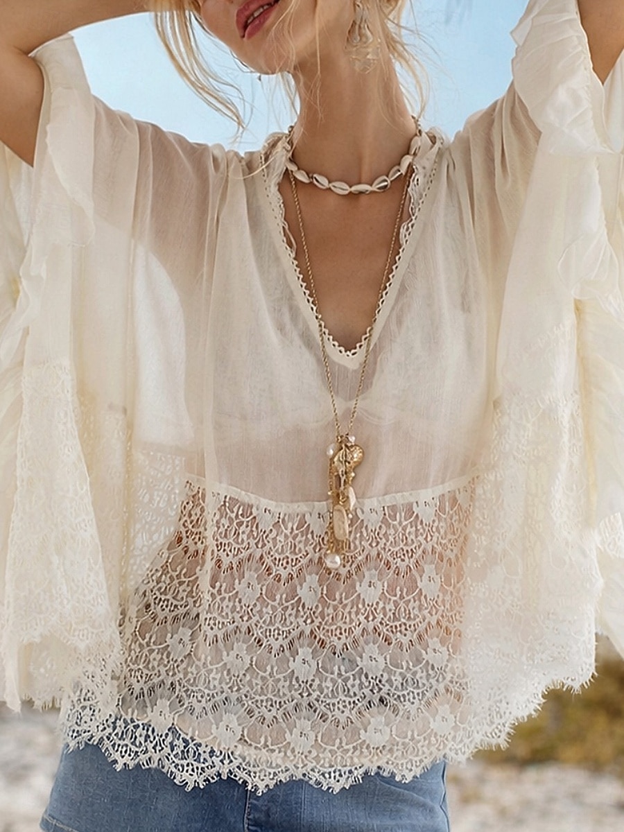 Mujer Blusa Encaje Color sólido Elegante Casual Manga 3/4 Escote en Pico Tops regulares Diario Blanco Verano Primavera Otoño 2026 - $36.99 –P1