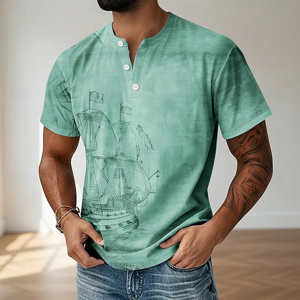 Herre Årgang T skjorte Henly-skjorte Kortermet Designer Retro / vintage Henley Avslappet Daglig Gate Sommer Vår Blå Grå Lilla Grønn Kakifarget Henley Henley T-skjorte 2026 - $18.99 –P2
